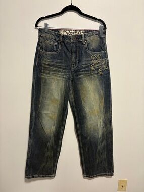 Zumiez Washed Dark Blue Relaxed Jeans with Embroidered Logo